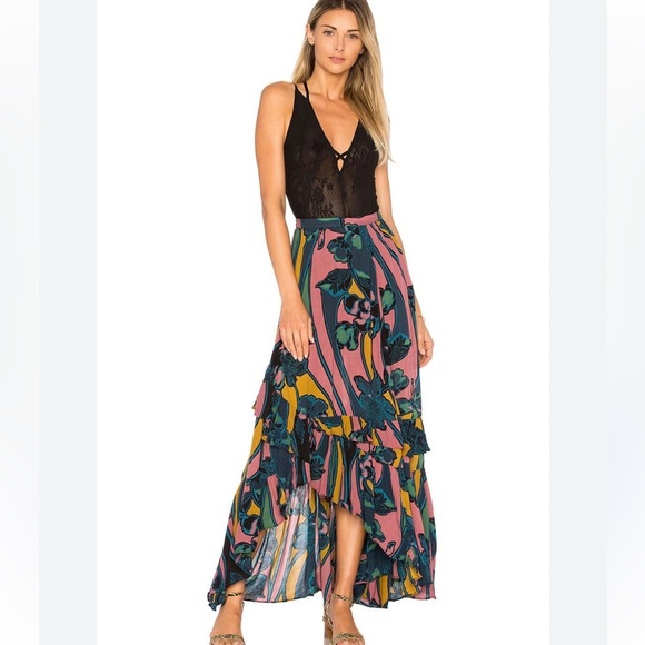 NWT Free People Bring Back The Summer Maxi Skirt in Navy Blue Multi Sz 4